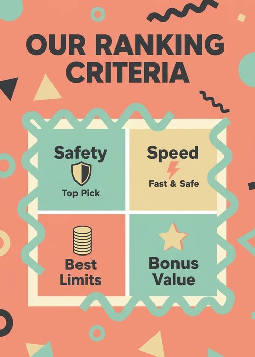 Our ranking criteria for the top 10 Neosurf casinos — safety and speed across top pick, best limits and bonus value.