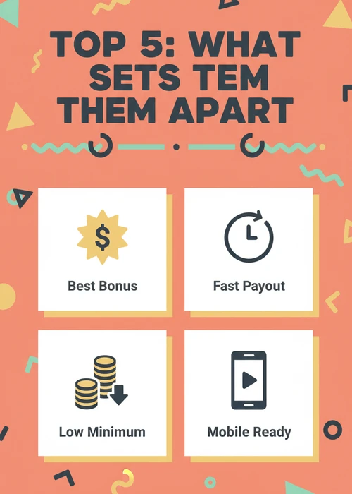 What sets the top 5 Neosurf casinos apart — best bonus, fast payout, low minimum and mobile-ready play.