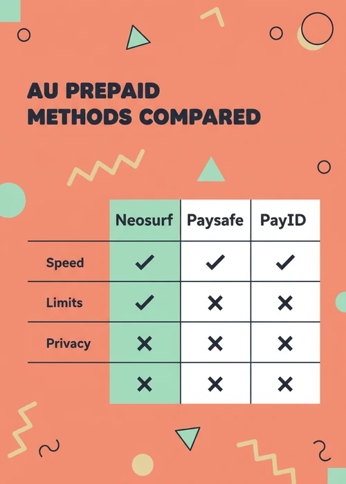 AU prepaid methods compared at the best Neosurf casinos — Neosurf, Paysafe, PayID and BPAY on speed, limits and privacy.