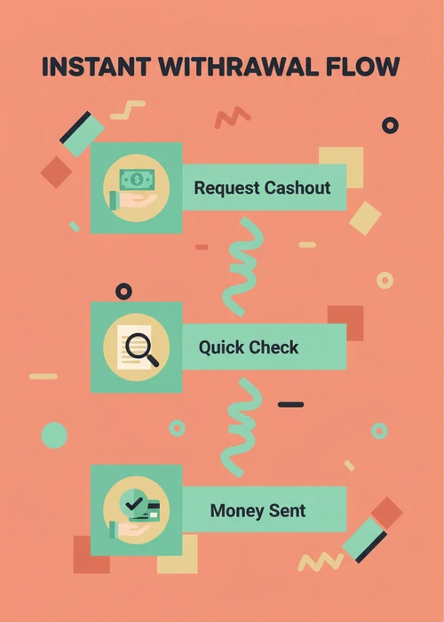 Instant withdrawal flow at Neosurf casinos — request cashout, quick check, approval and money sent.