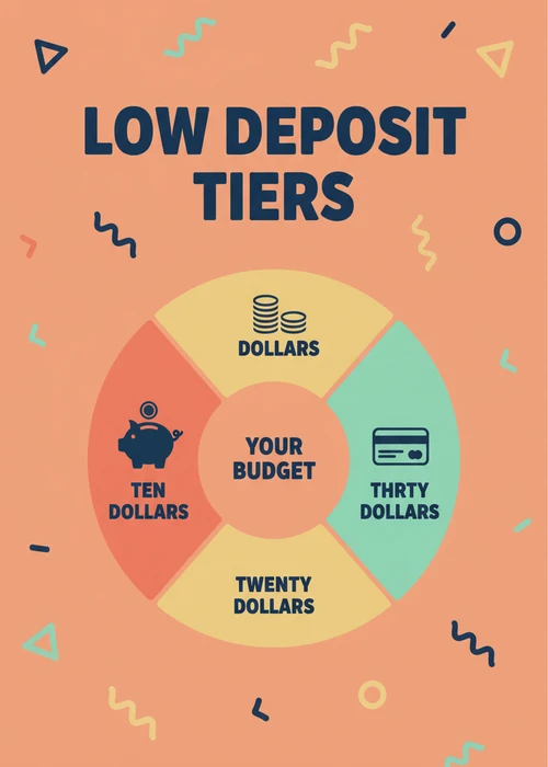 Low deposit tiers at Neosurf casinos — $10, $20 and $30 segments around your budget in a donut ring.